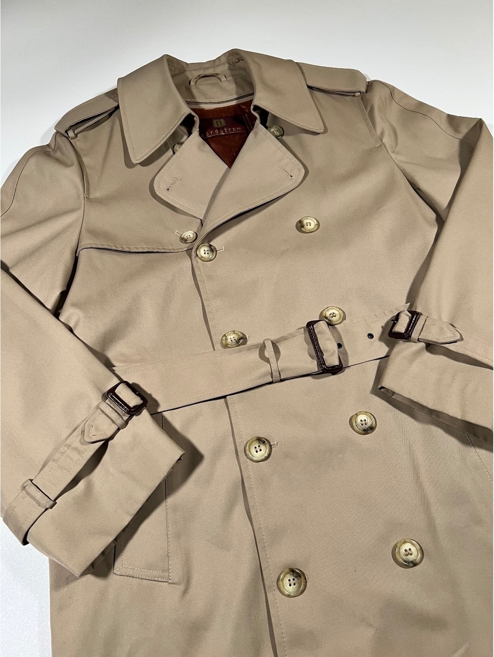 Nordstrom Women's Khaki Double-Breasted Trench Coat Size 38R Classic Overcoat